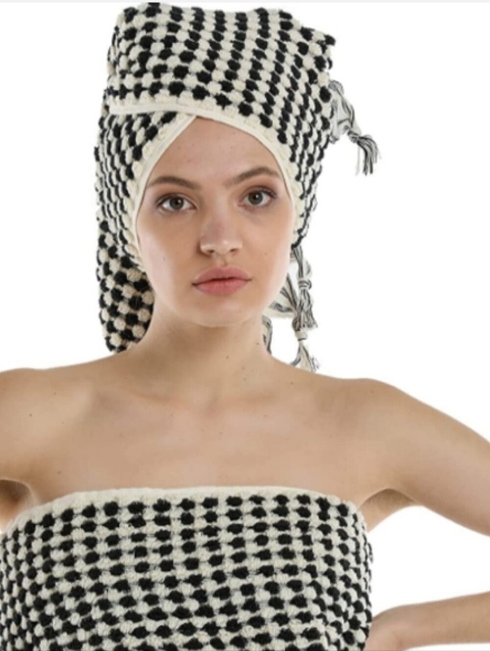 Turkish Cotton Spa Hair Peshtemal Hand Towel Black Ivory Pom Pom Houndstooth